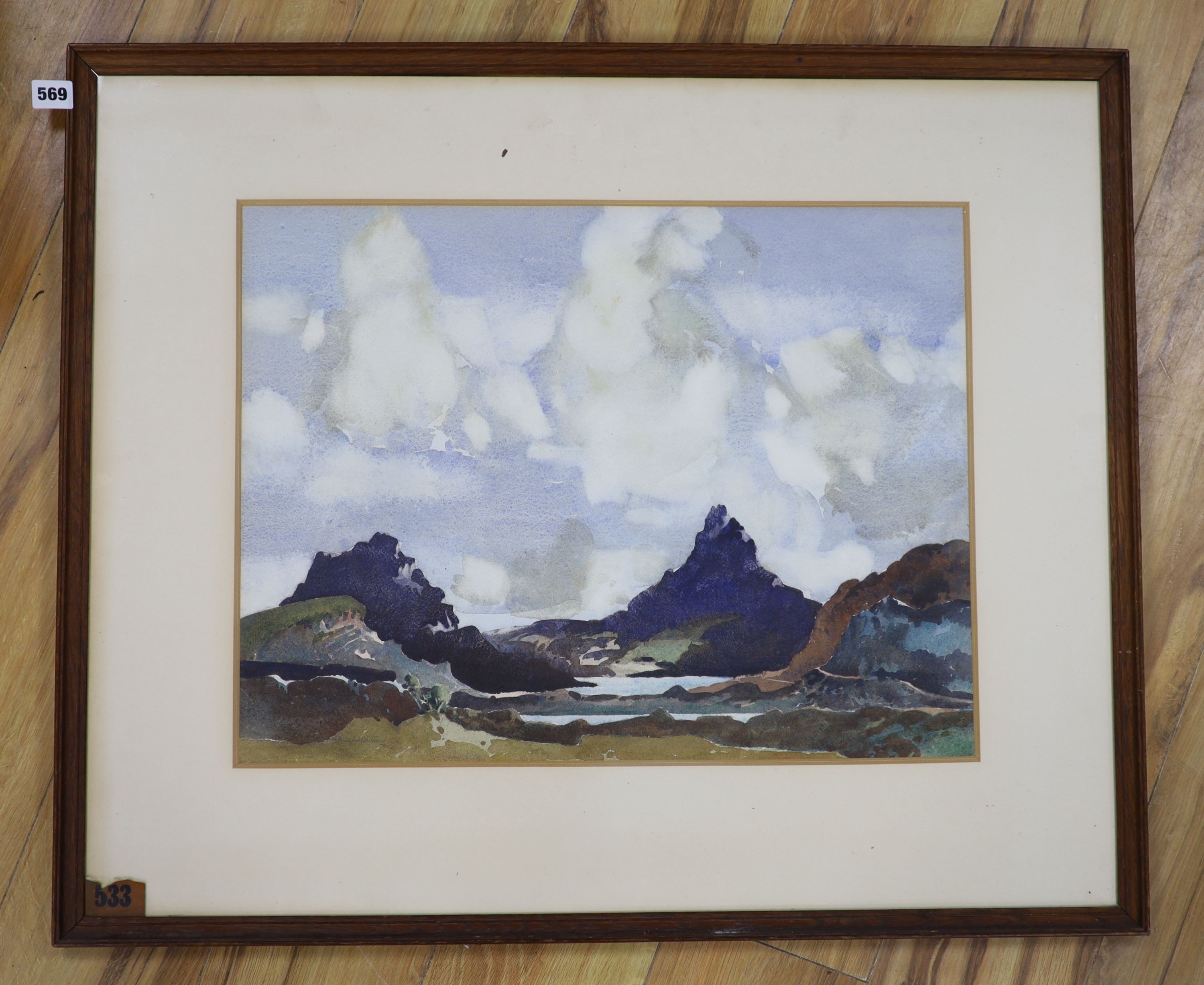 Kenneth Cuthbertson (fl.1920-1952), watercolour, Evening, Loch Lurgainn, signed with label verso, 43 x 56cm.